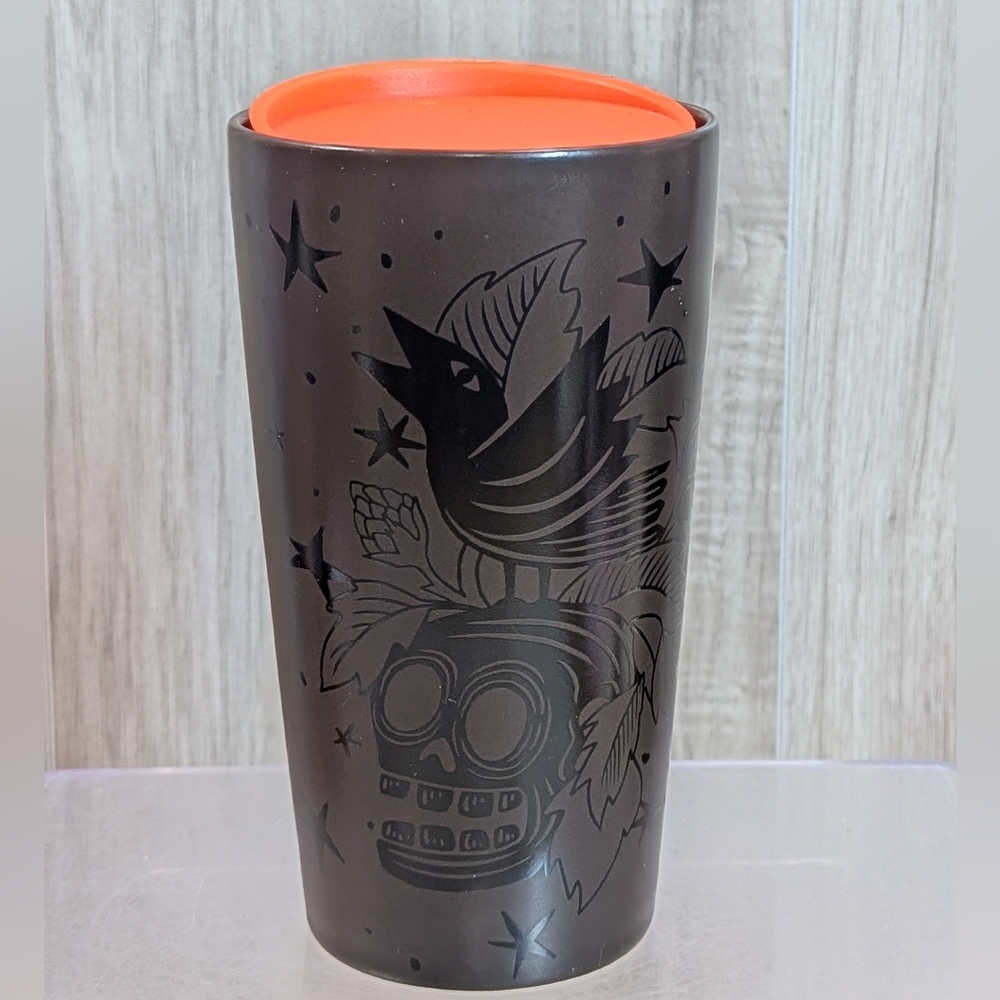 SPOOKY Starbucks Black Ceramic Tumbler - Halloween Skull and Black Crow